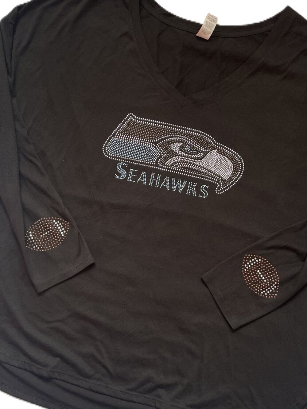 Seattle Seahawks Bedazzled Rhinestone Bling 3/4 Sleeve V-Neck XL NFL-ish Gameday